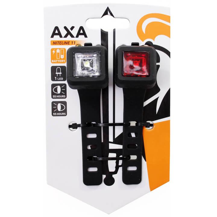 Axa Beleuchtungsset Niteline 11 Ein Satz abnehmbarer Vorder- und Rücklichter, die beide mit CR2032-Batterien betrieben werden. Die Lichter sind einfach auf dem Fahrrad durch die Gummiriemen zu montieren.